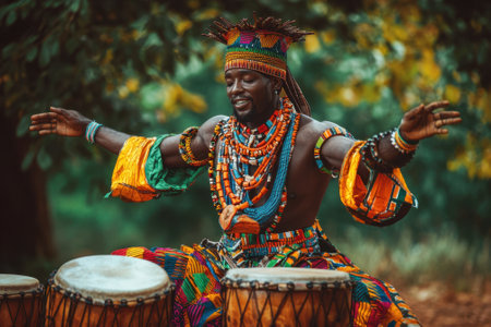 A man wearing colorful clothing and holding drums. He is smiling and he is enjoying himself. The scene is set in a natural environment, with trees and grass in the backgroundの素材