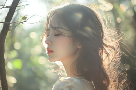 A woman with long hair is standing in a forest. She is wearing a white dress and has red lipstick. The image has a peaceful and serene mood, as the woman is surrounded by natureの素材