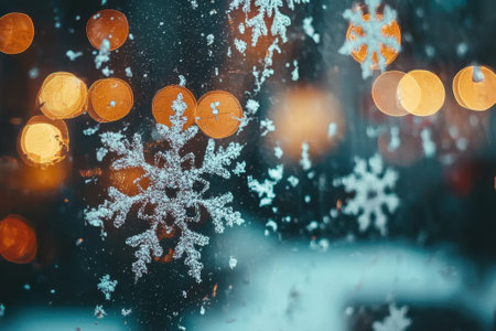 A blurry image of snowflakes with a blue background. The snowflakes are scattered throughout the image, with some closer to the foreground and others further away. Scene is one of winterの素材