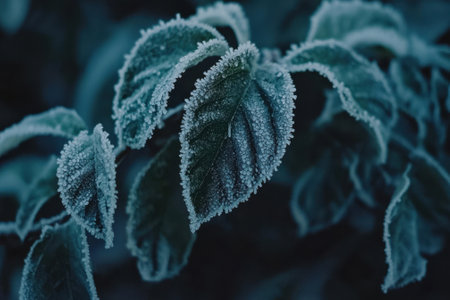 A leaf that is covered in frost. The frost gives the leaf a cold and wintry appearance, which creates a mood of stillness and tranquility. The leaf is surrounded by a blue backgroundの素材