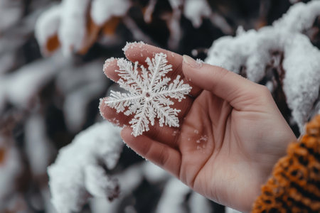 A hand holding a snowflake. The snowflake is white and has a frosty appearance. The hand is holding the snowflake in a way that it looks like it's about to fallの素材