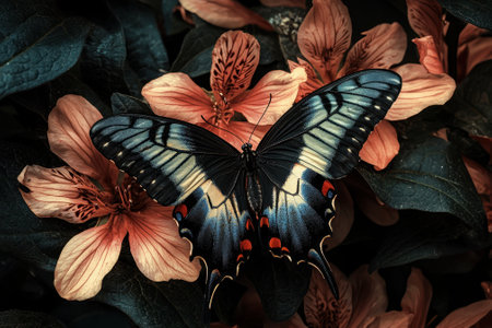 A butterfly is resting on a flower. The butterfly is blue and black. The flower is pinkの素材