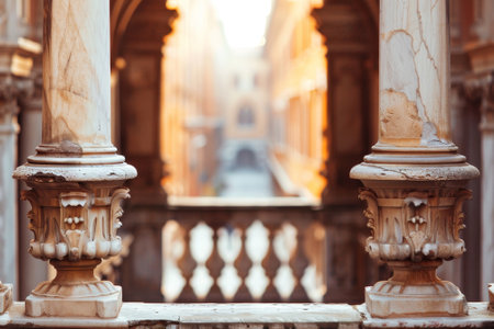 Two pillars with a view of a city in the background. The pillars are white and have a decorative design. The cityscape in the background is filled with buildings and a bridgeの素材