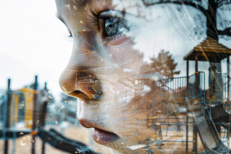 A girl's face is reflected in a window, with a playground in the background. Concept of loneliness and isolation, as the girl's face is the only visible part of her, while the playgroundの素材