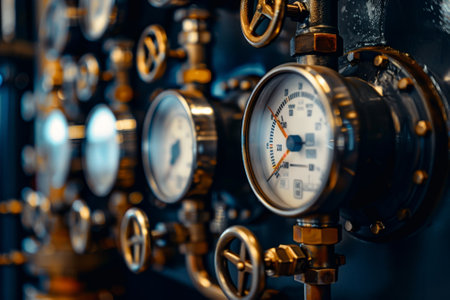 A group of old-fashioned gauges with a clock on the right. The gauges are all different sizes and are all connected to a pipeの素材