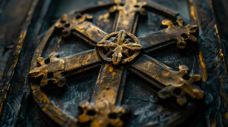 A gold and black cross with a white center. The cross is surrounded by a circleの素材