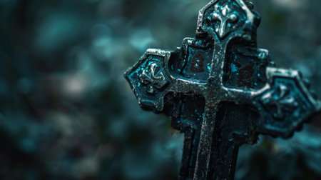 A black metal cross is shown in a dark background. The cross is old and worn, with a blue hue. Scene is somber and reflective, as the cross is often associated with death and mourningの素材
