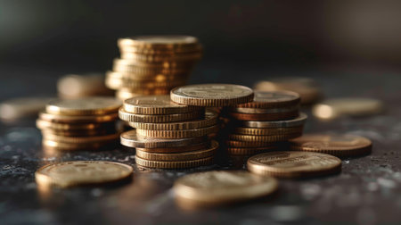 A pile of gold coins on a table. The coins are stacked on top of each other, creating a sense of wealth and abundance. The image conveys a feeling of prosperity and successの素材