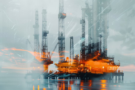 A large oil rig is surrounded by a body of water. The sky is cloudy and the water is calmの素材