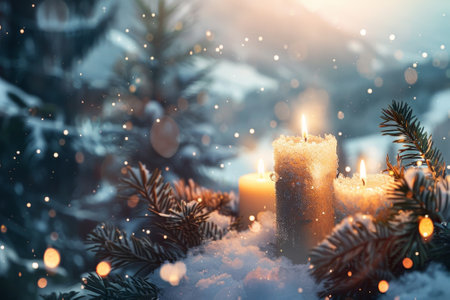 A group of candles are lit on a snowy ground next to some pine trees. The scene is peaceful and serene, with the snow and the candles creating a warm and inviting atmosphereの素材