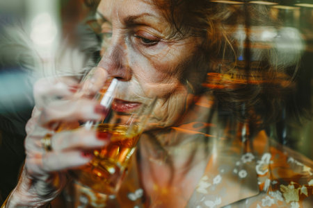 A woman is drinking a glass of alcohol. The image is blurry and distorted, giving it a dreamy or surreal quality. The woman's face is the main focus of the imageの素材