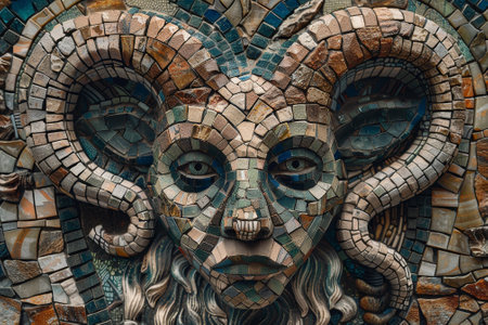 A striking mosaic showcases a ram's head, intricately crafted with varied tiles that highlight its features. The artwork radiates color and depth, captivating viewers with its detail.の素材