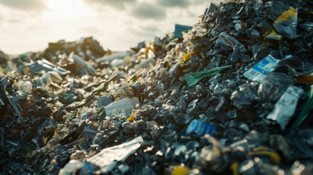 A large accumulation of plastic waste and discarded materials is visible at a landfill site as the sun sets in the background, emphasizing the urgent need for effective waste management solutions.の素材
