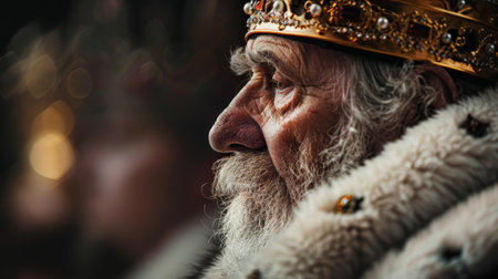 A man with a crown on his head and a beard. He looks sad. The image has a royal and somber moodの素材