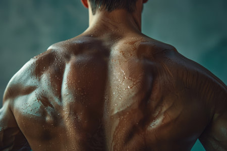 A man with a muscular back is sweating. The sweat is dripping down his back and onto his shirtの素材