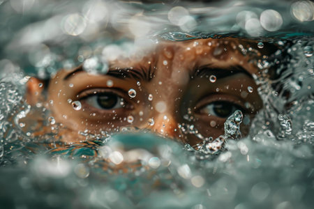 A woman's face is partially submerged in water, with her eyes visible. The water is clear and calm, and the woman is looking at something in the water. Concept of curiosity and wonderの素材
