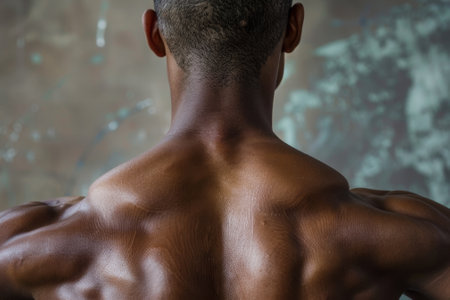 A man with a muscular back and shoulders. The man is sweating and has a lot of muscleの素材