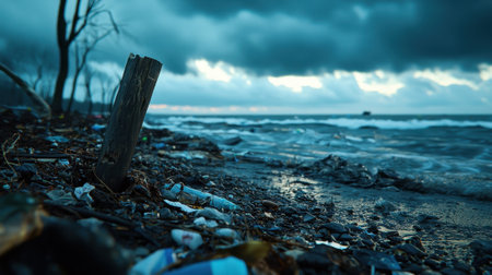 A beach with a lot of trash and a wooden post sticking out of the sand. Scene is bleak and sad, as the beach is littered with garbageの素材