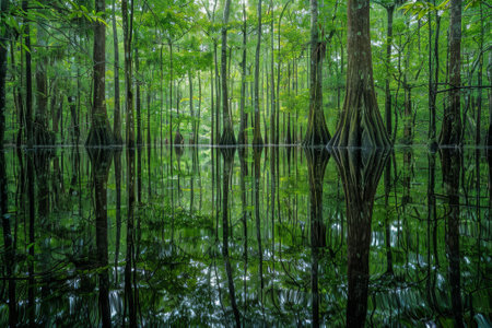 A forest with a lot of trees and waterの素材
