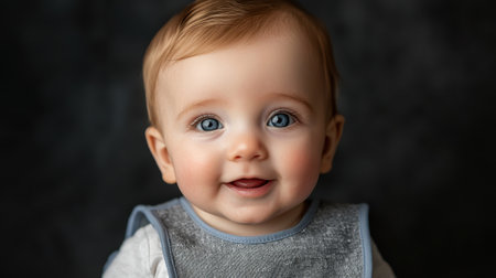 A baby with blue eyes and a smile on his face. The baby is wearing a gray bibの素材