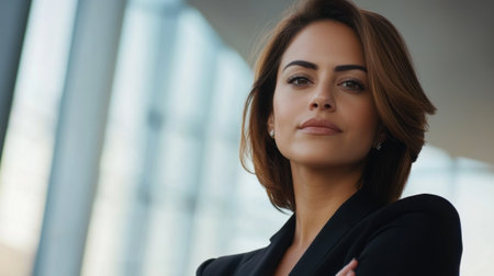 A woman in a business suit is standing in front of a window with her arms crossed. She has a serious expression on her faceの素材