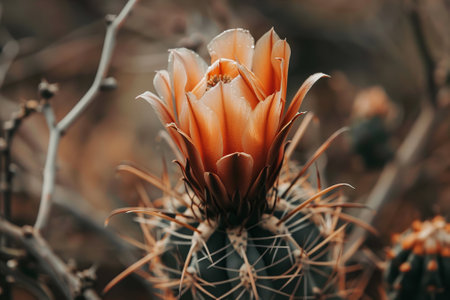 A flower with a brown stem and orange petals. The flower is surrounded by dry branches and leavesの素材