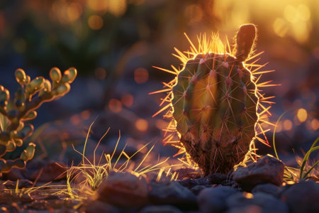 A cactus is standing in the sun with its spines pointing up. The cactus is surrounded by rocks and grassの素材