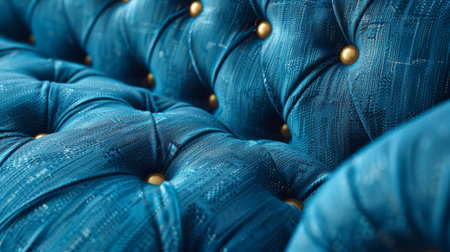 A blue velvet couch with gold buttons on it. The couch is very plush and comfortable. The couch is perfect for lounging and relaxingの素材