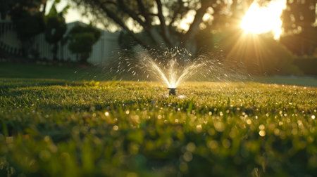 A sprinkler is watering a lawn. The sun is shining brightly on the grass. The grass is green and lushの素材