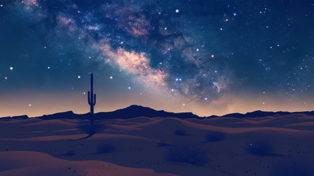 A desert landscape with a cactus and a starry sky. The cactus is the only living thing in the scene, and the stars are scattered throughout the skyの素材