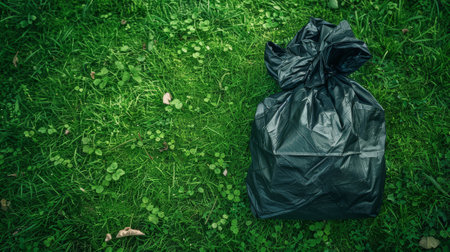 A black plastic bag is laying on the grass. The bag is full of trash and is not being used. The grass is green and lush, and the bag is the only thing visible in the sceneの素材