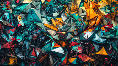 A colorful abstract painting with many different shapes and colors. The painting is full of triangles and squares, and the colors are bright and bold. The overall mood of the painting is energeticの素材