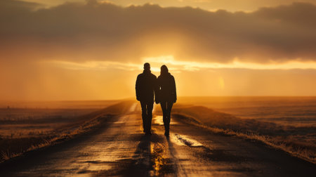 A couple walking down a road at sunset. Scene is peaceful and romantic. The silhouettes of the couple against the orange sky create a sense of intimacy and closeness. The road itself is a simpleの素材