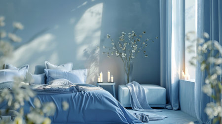 A bedroom with a blue wall and a blue bed. There is a vase with flowers on a table next to the bed. The room has a calm and peaceful atmosphereの素材