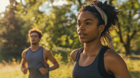 Two people running in a park, one of them wearing a headband. Scene is energetic and activeの素材