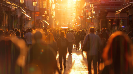 A busy city street with people walking and a blurry background. Scene is bustling and livelyの素材