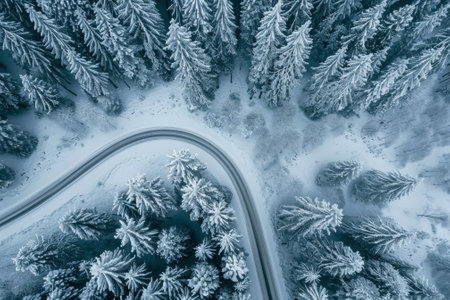 A snow covered road with trees in the backgroundの素材