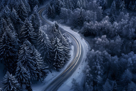 A snowy road with trees in the background. The sky is dark and the snow is fallingの素材