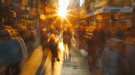 A busy city street with people walking and a sun shining on the sidewalk. The sun is casting a warm glow on the people and the buildingsの素材