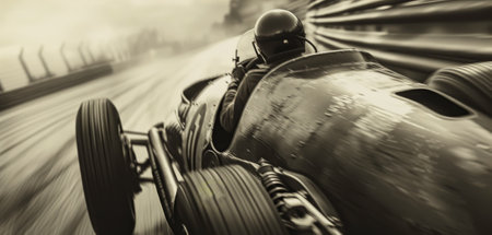 A black and white photo of a race car driving down a track. The car is in motion and the driver is wearing a helmet. The photo has a vintage feel to it, and the focus is on the speedの素材