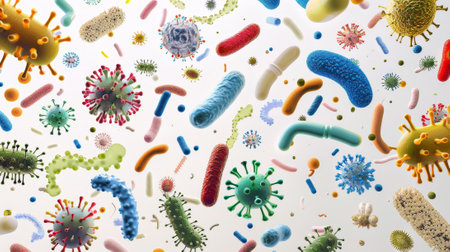 A colorful image of various bacteria and viruses floating in the air. Scene is chaotic and overwhelming, as the different types of microorganisms are scattered all over the sceneの素材
