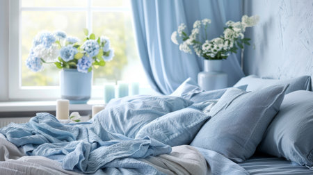A bedroom with a blue bedspread and pillows, and a window with flowers in a vaseの素材