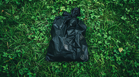 A black plastic bag is laying on the grass. The bag is full of trash and is not being used. The grass is green and lush, and the bag is the only thing visible in the sceneの素材