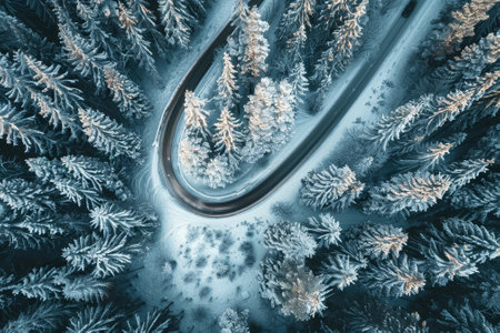 A snow covered road with trees in the background. Concept of solitude and peace, as the roadの素材