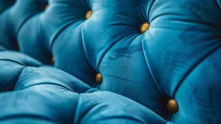 A blue velvet couch with yellow buttons. The couch is very soft and comfortableの素材