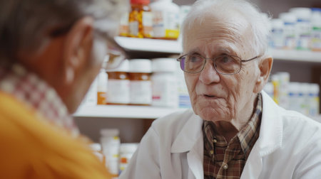 A man in a white lab coat is talking to an older man in an orange shirtの素材