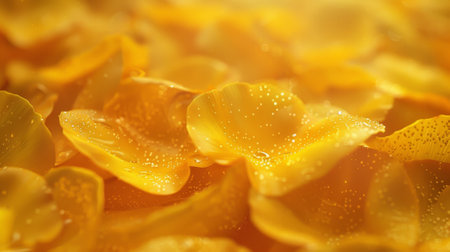 A close up of yellow petals with water droplets on them. Concept of freshness and beauty, as the water droplets add a touch of life to the petalsの素材