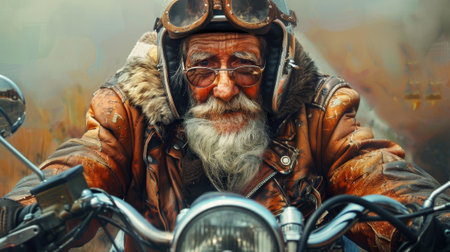 A man in a leather jacket and goggles is riding a motorcycle. The man has a beard and is wearing glassesの素材