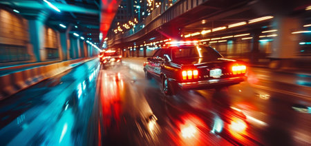 A police car is speeding down a highway with other cars in the background. The car is surrounded by a blur of lights, creating a sense of motion and excitement. The scene conveys a feeling of urgencyの素材