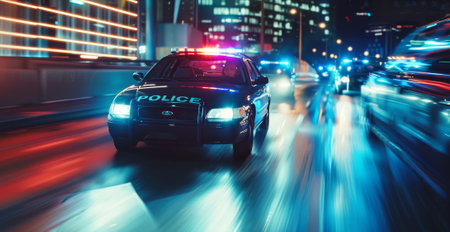 A police car is driving down a street at night. The car is blue and has a blue light on the front. The car is moving quickly and is surrounded by other cars. The scene is darkの素材